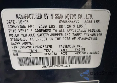 2006 Infiniti M35X from USA, damaged, VIN JNKAY01F26M259475